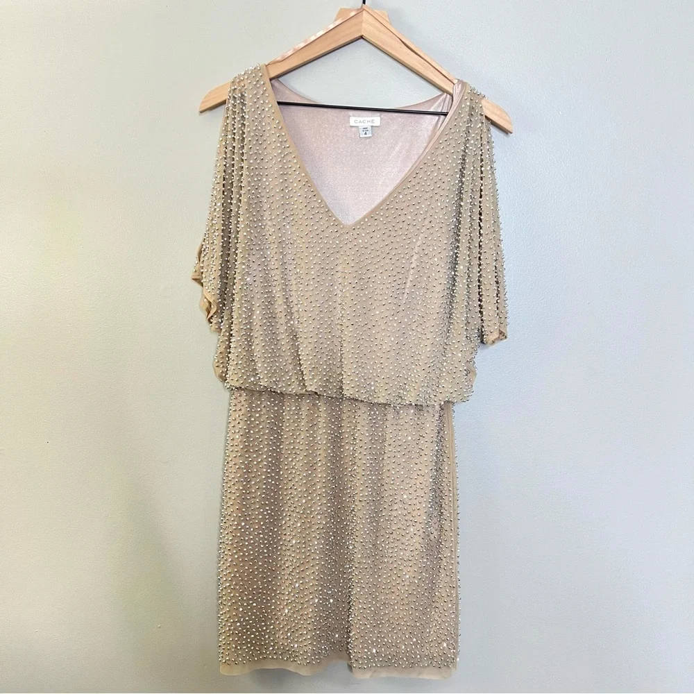 CACHE embellished nude dress, mini, sparkle size 4 - Picture 1 of 12